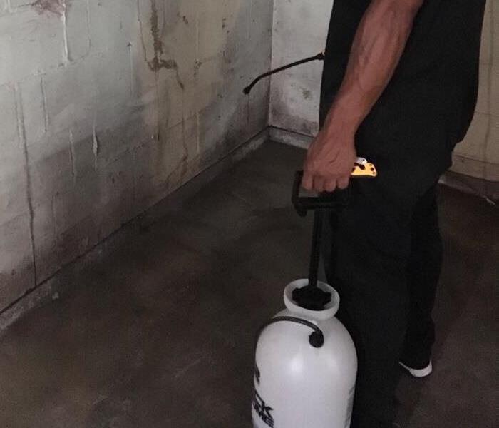 sevrpro employee sanitizing the corner of a concrete basement