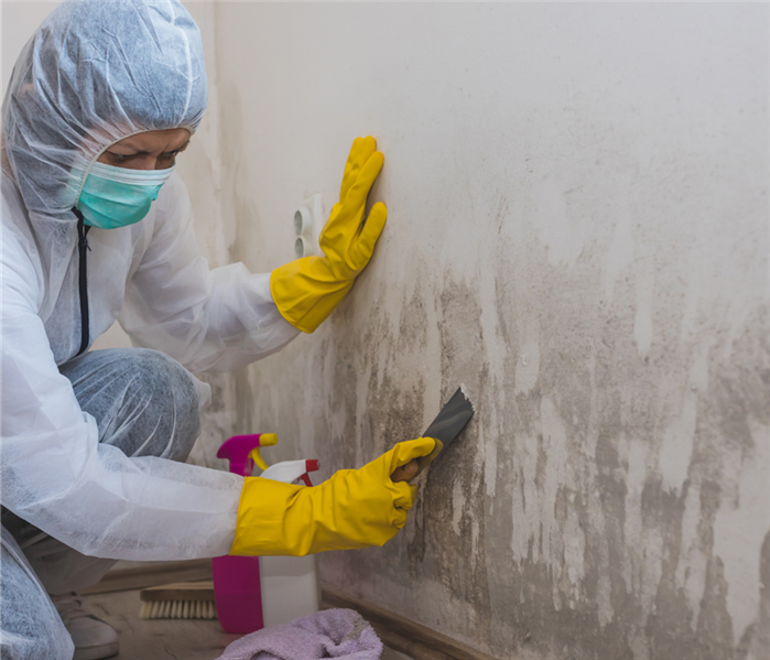 A peron in PPE scrubbing mold off of a wall